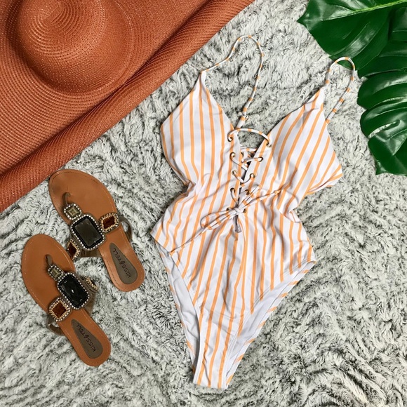 Front Tie One Piece White w/ Gold Stripe Swimsuit - Picture 2 of 6